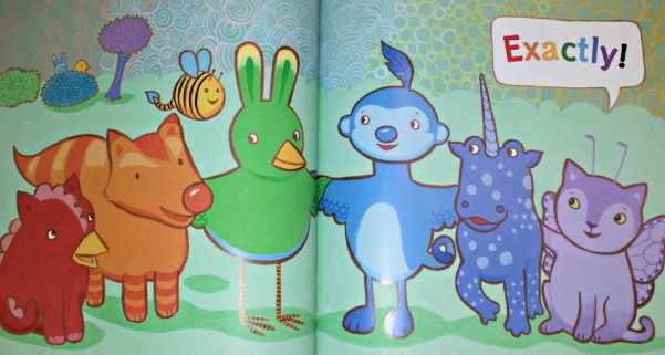 Image is an illustration of a rainbow of chimera animals, all holding each other, and looking happy. A speech balloon reads "exactly!" in rainbow letters.