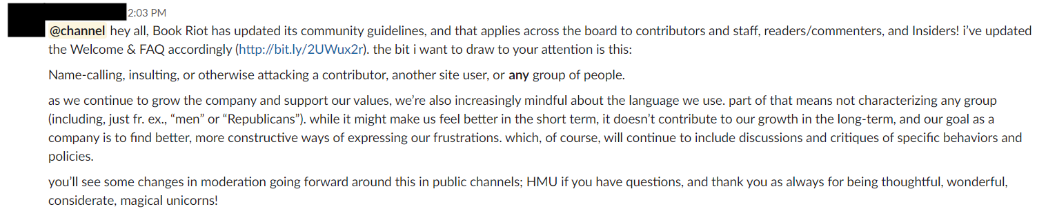 Screencap of a post made in the BRI slack, noteworthy content described below.