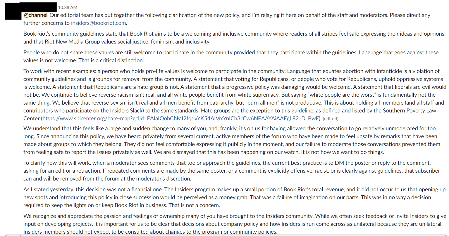 Screencap of a post made in the BRI Slack, noteworthy content described below.