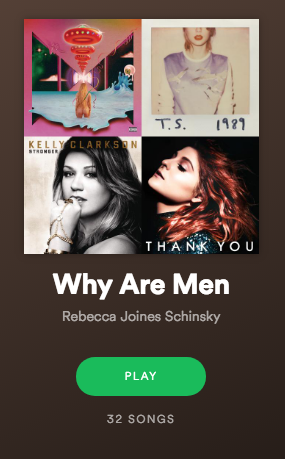 A screencap of a Spotify playlist entitled "Why Are Men," created by user Rebecca Joines Schinsky.
