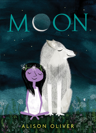 The cover of Moon, which shows a young feminine character with purple skin, wearing a white dress, sitting cross legged in the grass, wearing a flower crown. She sits beside a serene gray wolf. Both have their eyes closed.