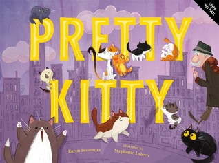 The cover of Pretty Kitty, which has a purple cityscape in the background and yellow text. An older man walks across the cover, and many cats are scattered across the letters.