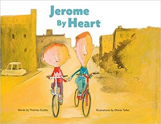The cover of Jerome By Heart, which depicts two boys bicycling down the street side by side, holding hands.