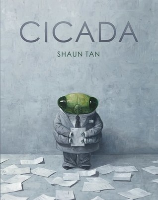 The cover of Cicada depicts a cicada in a business suit, holding a sheet of paper, standing on a gray backdrop, with similar sheets of paper all over the floor.