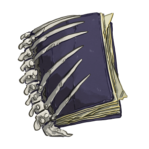 A purple book with a boney spine and ruffled pages.