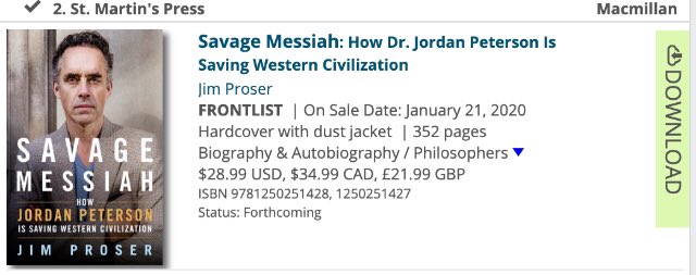 A book listing on Edelweiss+ for Savage Messiah: How Dr. Jordan Peterson is Saving Western Civilization.