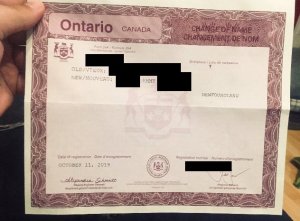A name change certificate from the province of Ontario.