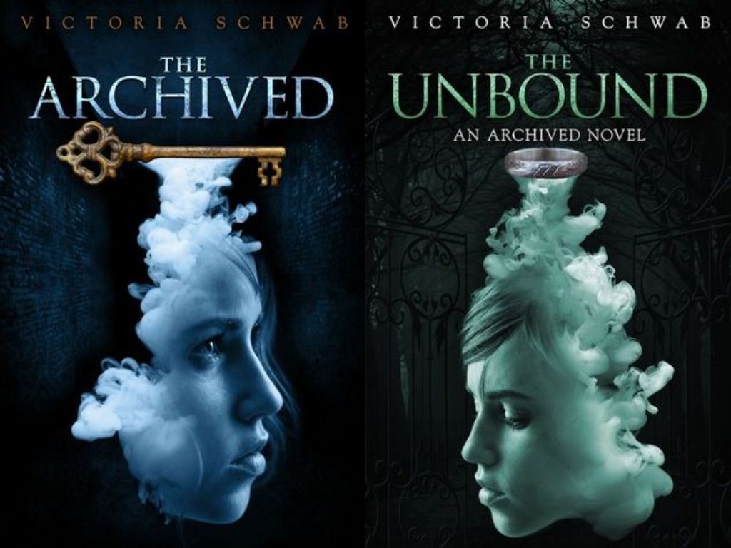 The covers of The Archived and The Unbound, which depict a key and ring respectively, with smoke coming out of the bottom of them, and a feminine face visible in the smoke.
