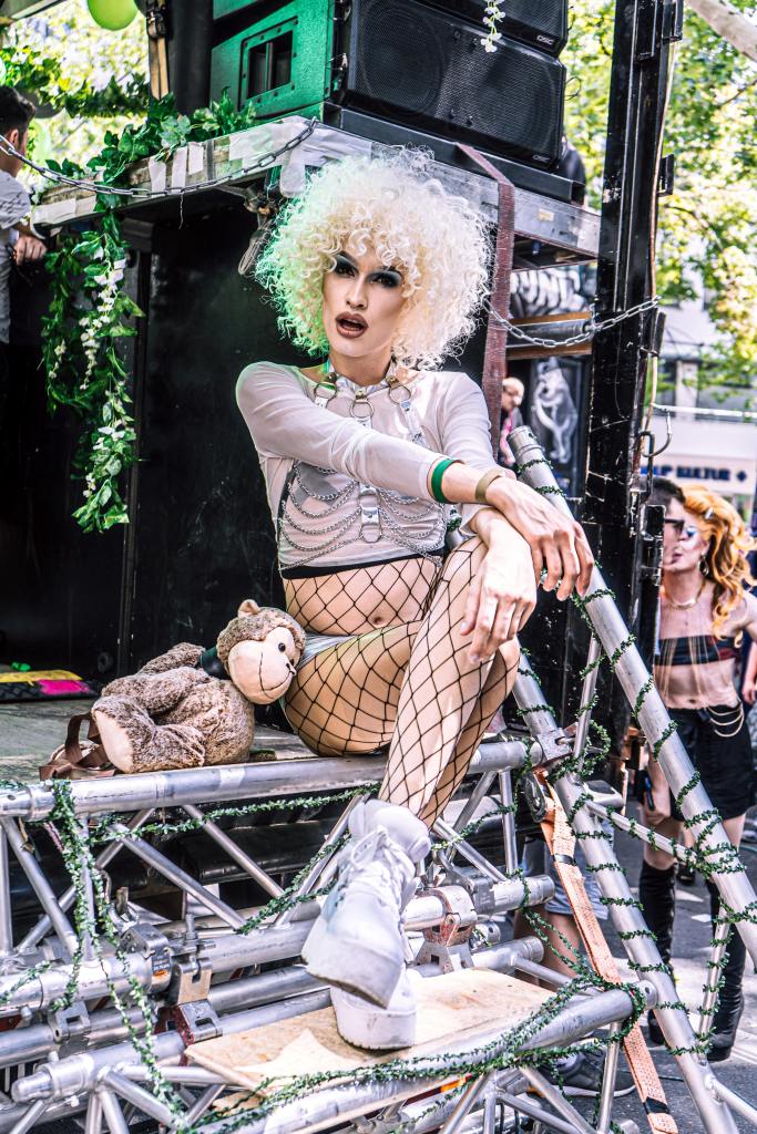 A drag queen in an elaborate costume.
