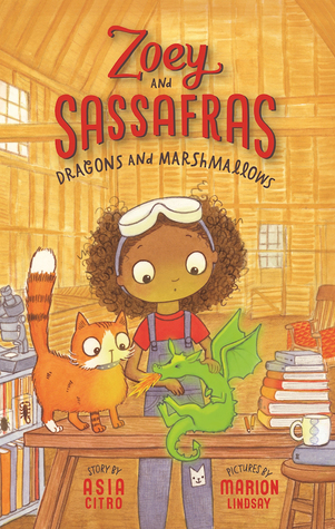 The cover of Zoey and Sassafras, which shows a young girl and a cat looking at a small dragon.